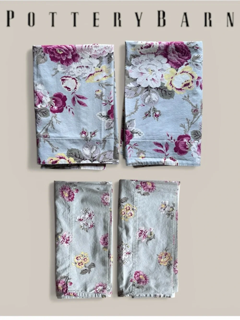 Pottery Barn Floral Pillowcase Sham Set   (4)  Roses Cotton Cottage Vintage